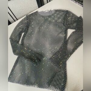 Free People Sparkling Rhinestone Fishnet Mesh Top Black Silver - Size S